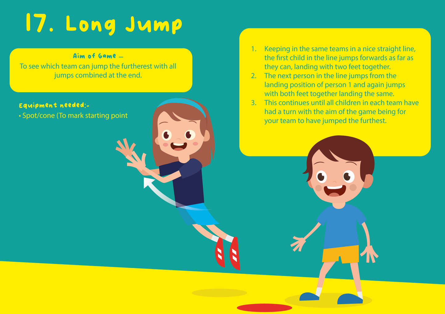 Long Jump team game rules. Jump as far as your team can to win the challenge