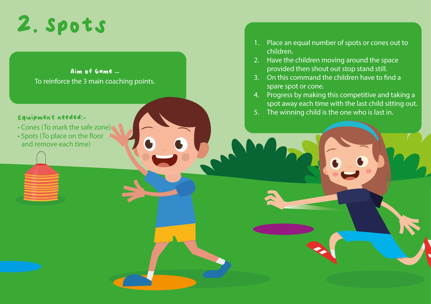 A simple but effective spots game that teaches children to keep their heads up when jogging around