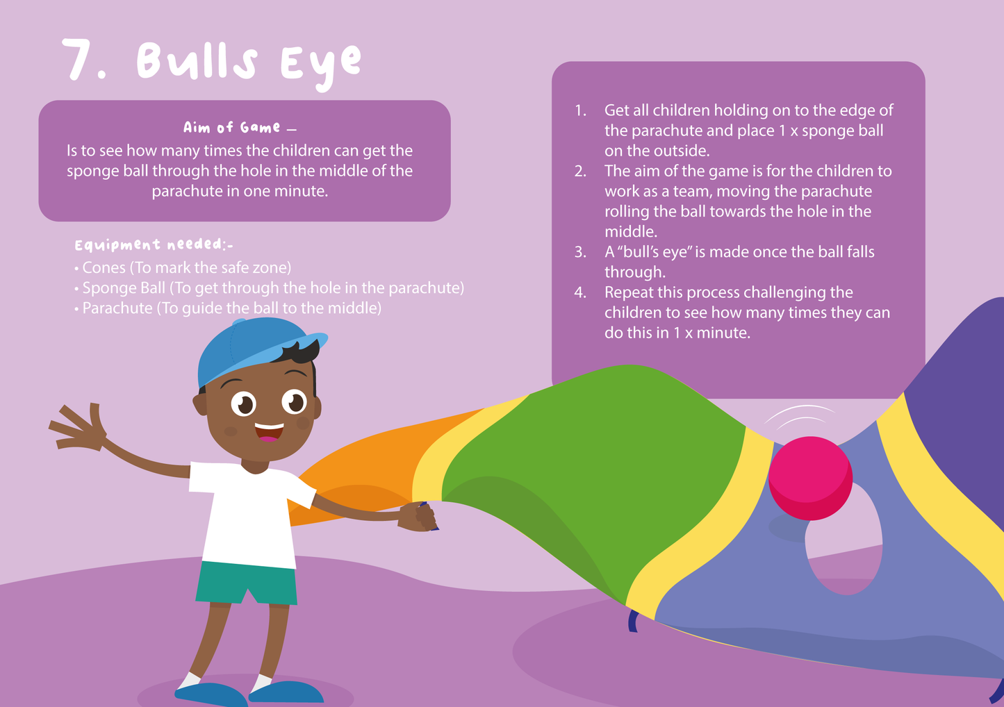 Instructions on how to play Bulls Eye with a parachute with children in Nurseries