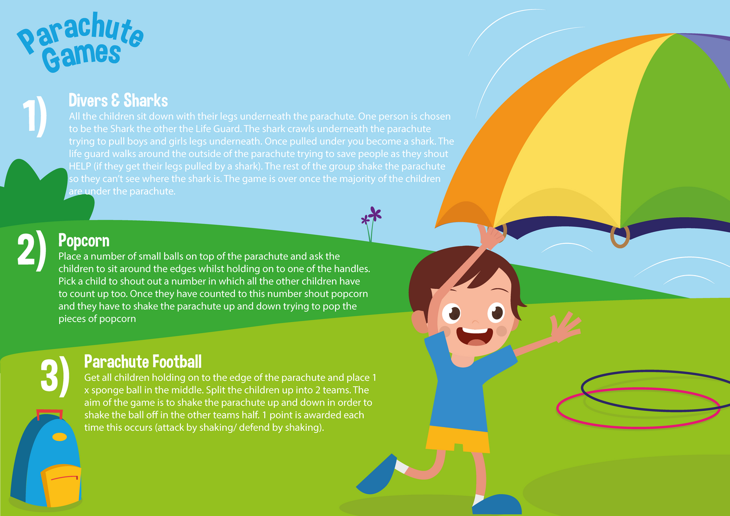 Parachute play cool down game ideas that can be used during more relaxed, less energetic times of a holiday camp